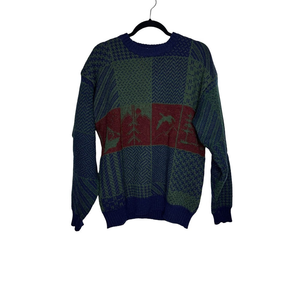 Vintage Woolrich Mens Large 100% Wool Intarsia Canoe Mountain Sweater Navy Green
